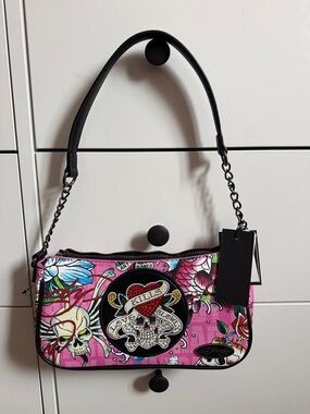 Ed Hardy Pink Tattoo-Print Chain Shoulder Bag